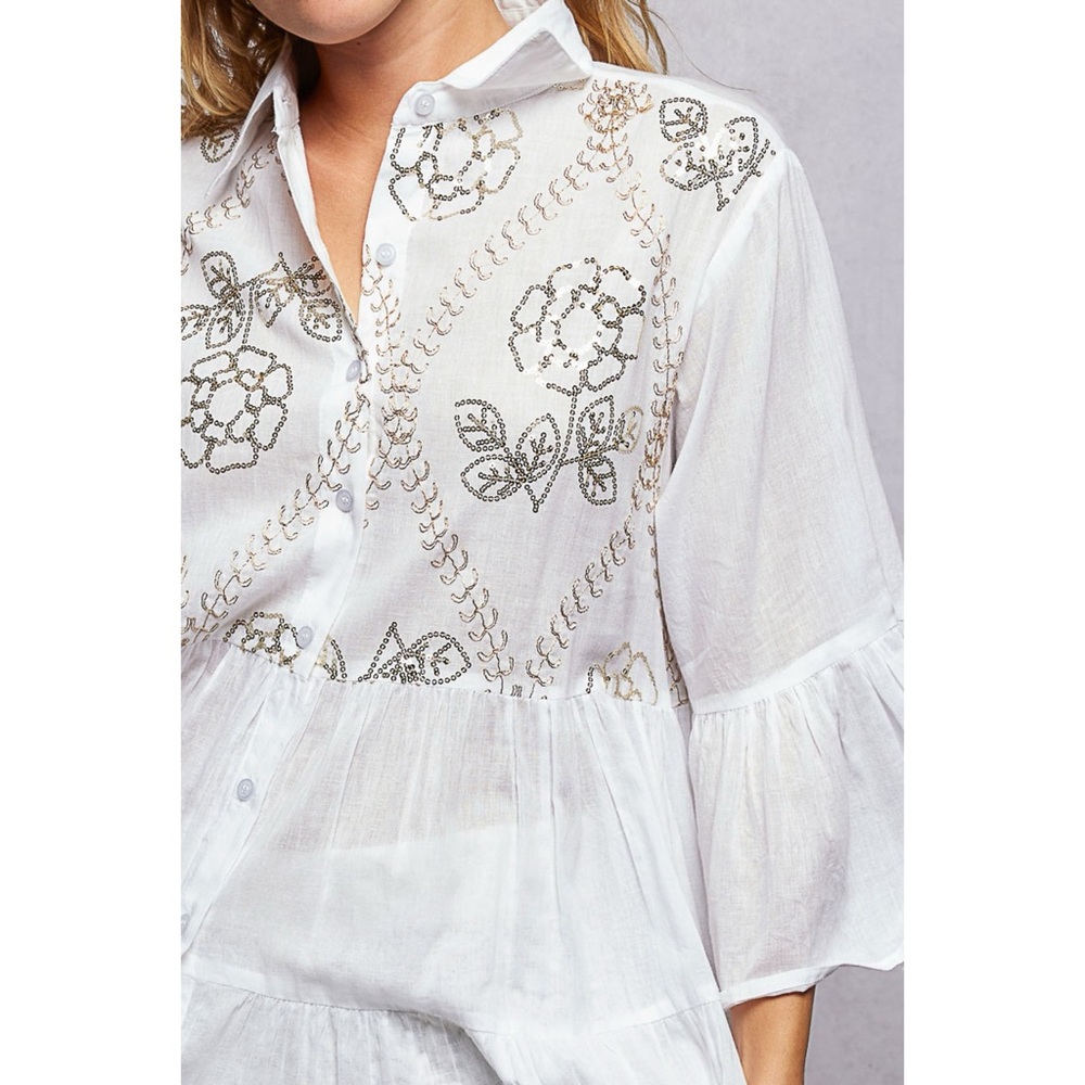 POL White Embroidered Tiered Mini Dress | Ruffle Sleeve Button Front Collared - Picture 11 of 12